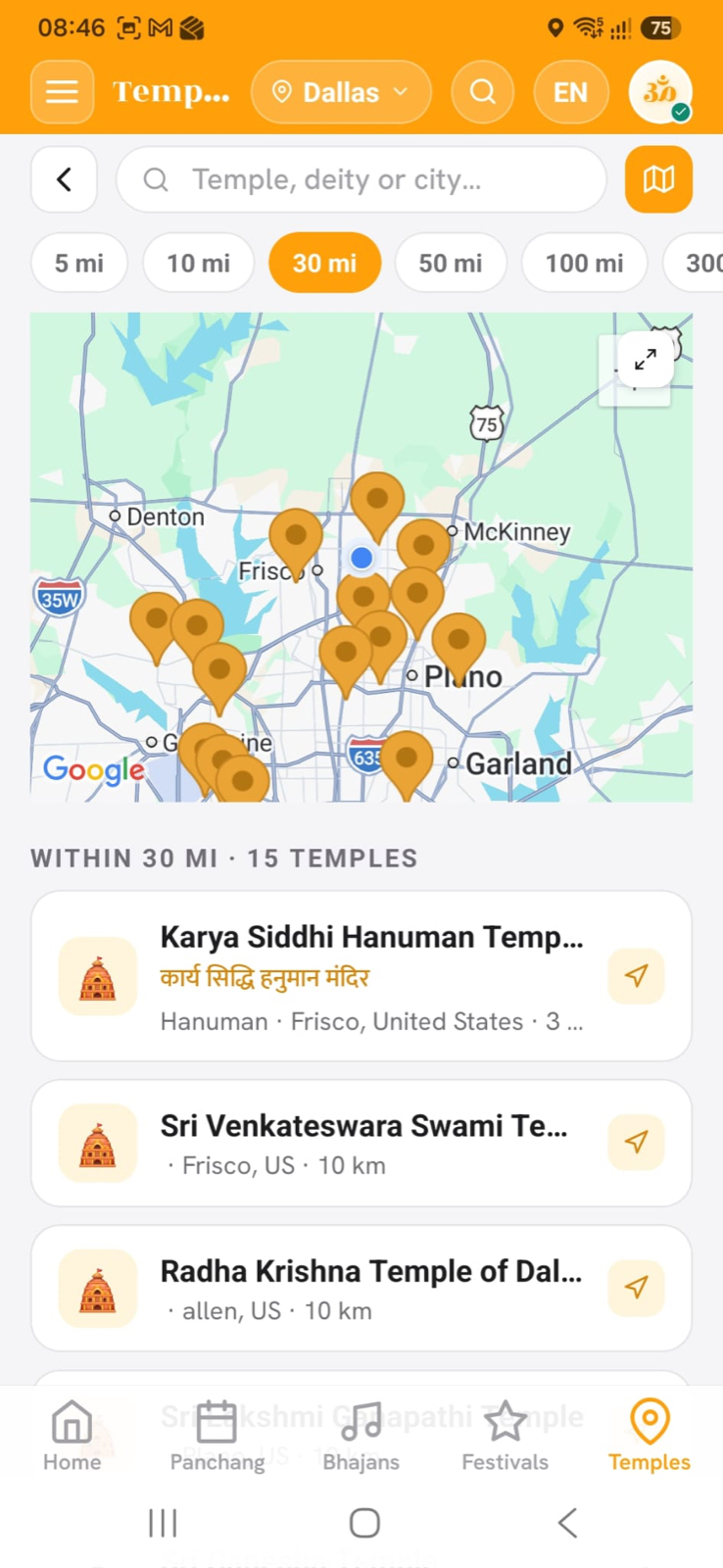 Nearby Hindu temples on a map